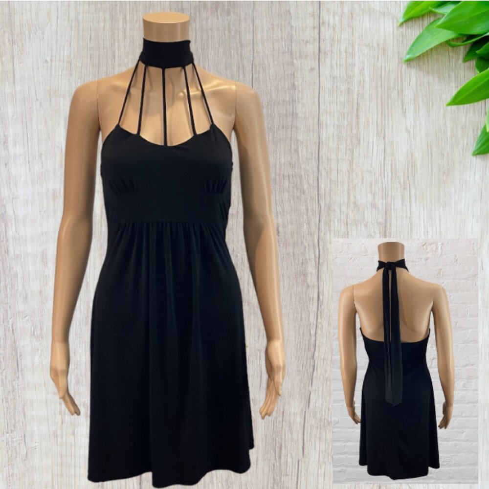 VINTAGE BODY CENTRAL -- Black Cocktail Dress, Knee-Length w/Strappy Halter Neck - Picture 2 of 16